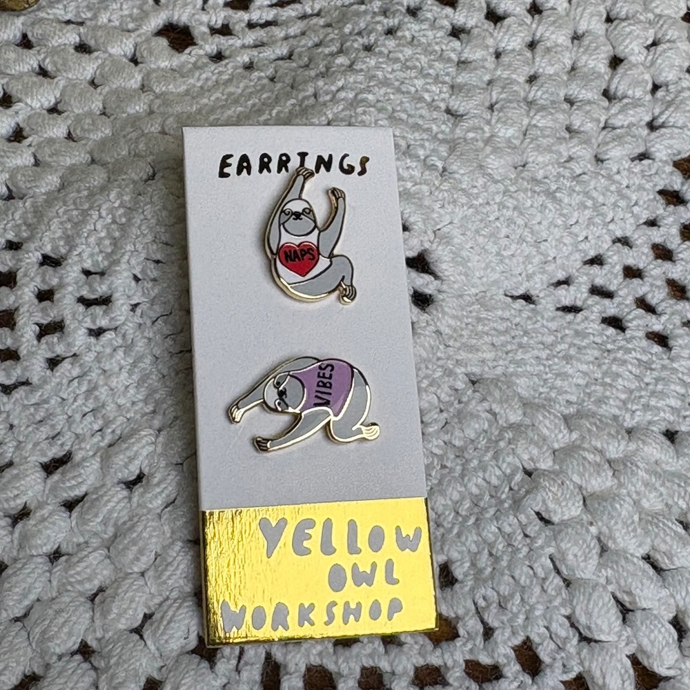 Yellow Owl Workshop Grey Sloth Nap Vibes Earrings Kawaii Animal 22K Gold Gilt